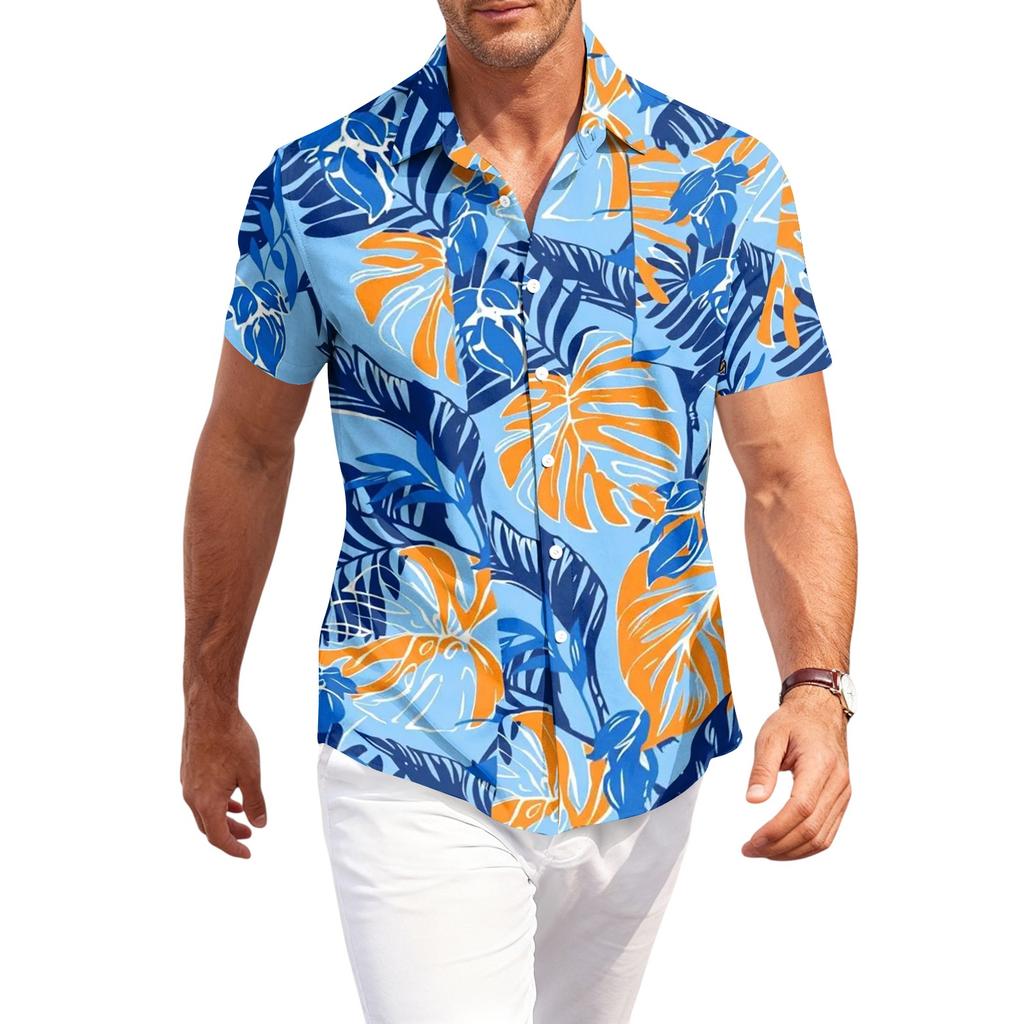 Men's Casual Loose Fit Short Sleeve Hawaiian Shirt Button Down Beach Shirt with Tropical Print Summer Top