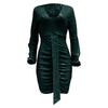 Women's Fashion Party Solid Color V-neck Long Sleeved Slim Fit Sequin Pleated Ribbon Wrapped Hip Dress Evening Dress