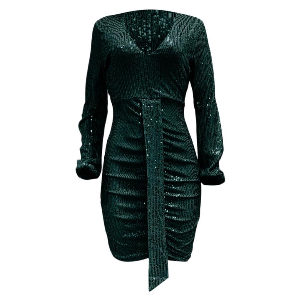 Women's Fashion Party Solid Color V-neck Long Sleeved Slim Fit Sequin Pleated Ribbon Wrapped Hip Dress Evening Dress