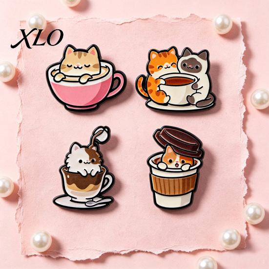 Cartoon Cat Accessory Coffee Cup Brooch, Kitten Enamle Lapel Pin, Animal Zinc Alloy Brooch Theme Badge, Clothing Accessories for Lovers Pin