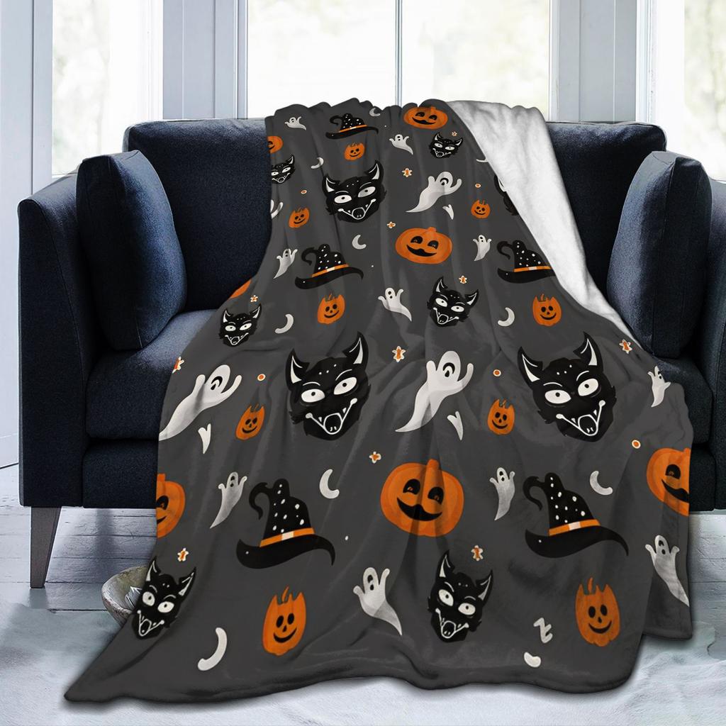 Halloween Blanket Coral Fleece Plush Witch Hat Black Bat Pumpkin Ultra-Soft Throw Blankets for Bedding Office Plush Thin Quilt