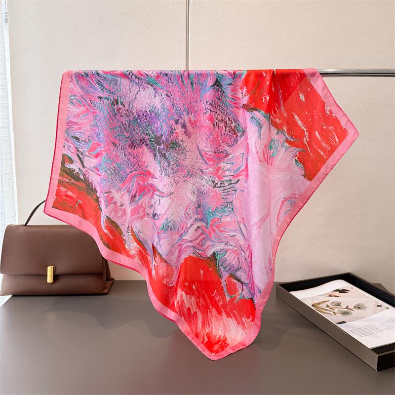 Elegant Oil Painting Print Silk Head Scarf Women Square Hijab Soft Neck Tie Female Fashion Decorate Silk Headscarf Kerchief