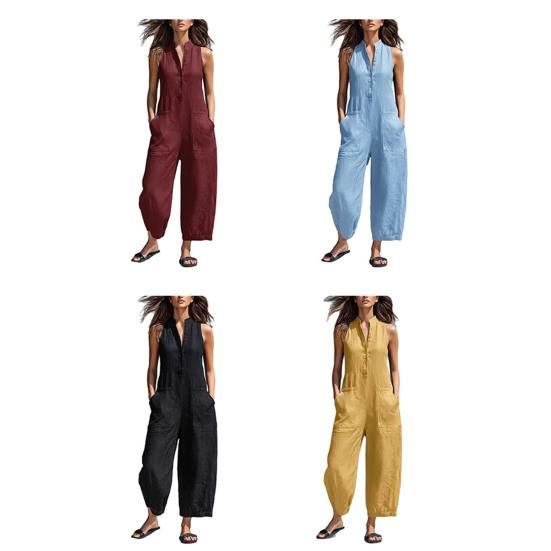 Women's Summer Sleeveless Jumpsuit Button Up Stand Collar Loose One Piece Overalls Casual Wide Leg Long Pants Rompers with Pockets