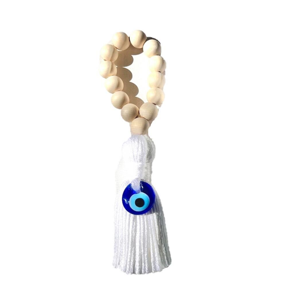 Evil Eye Wood Bead Tassel Hanging – Handmade Boho Charm For Car Mirror, Door Knob, Home Decor – 22cm Lucky Turkish Amulet