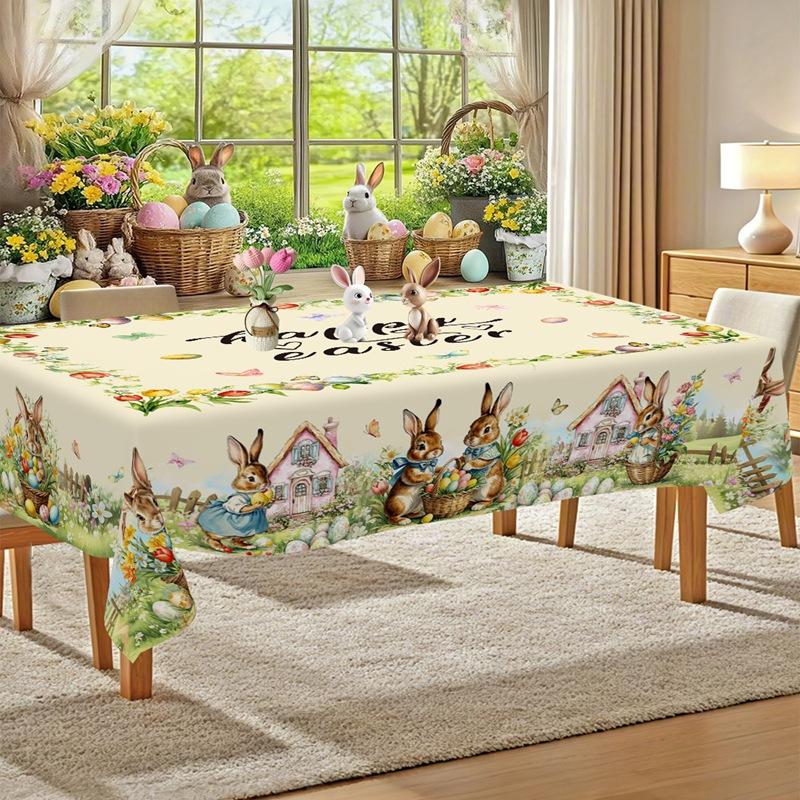 Vintage Easter Bunny Eggs Tablecloths Holiday Party Decor Spring Floral Rectangle/Round Table Cover Easter Decorations for Home