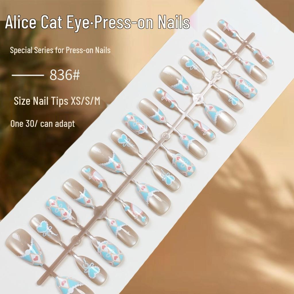 

Изысканные мультяшные накладные ногти «Кошачий глаз Алисы» - Милые и отбеленные накладные ногти с готовым покрытием.