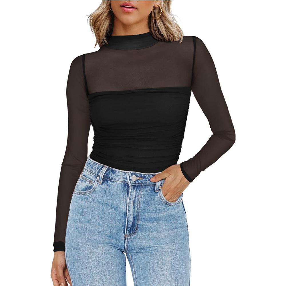 Maglia a maniche lunghe da donna con collo alto, vestibilità aderente, streetwear, top in maglia a rete trasparente arricciato