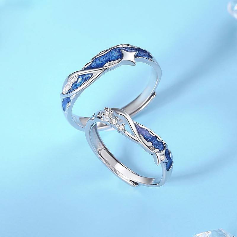 Pairing Couple Ring Comet Starry Sky Design 925 Sterling Silver Enamel Adjustable Matching Gift Box Included [Rockyu] &