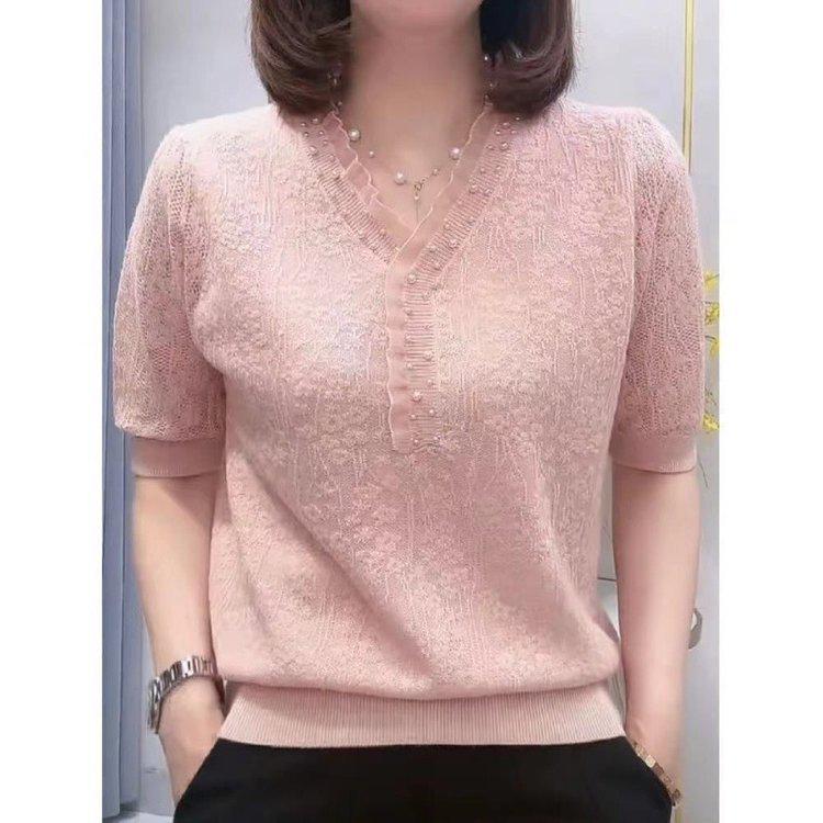 Elegant Embroidered V-Neck Plus Size Women's T-Shirt - Short Sleeve, Comfortable & Fashionable for Middle-aged and Elderly.