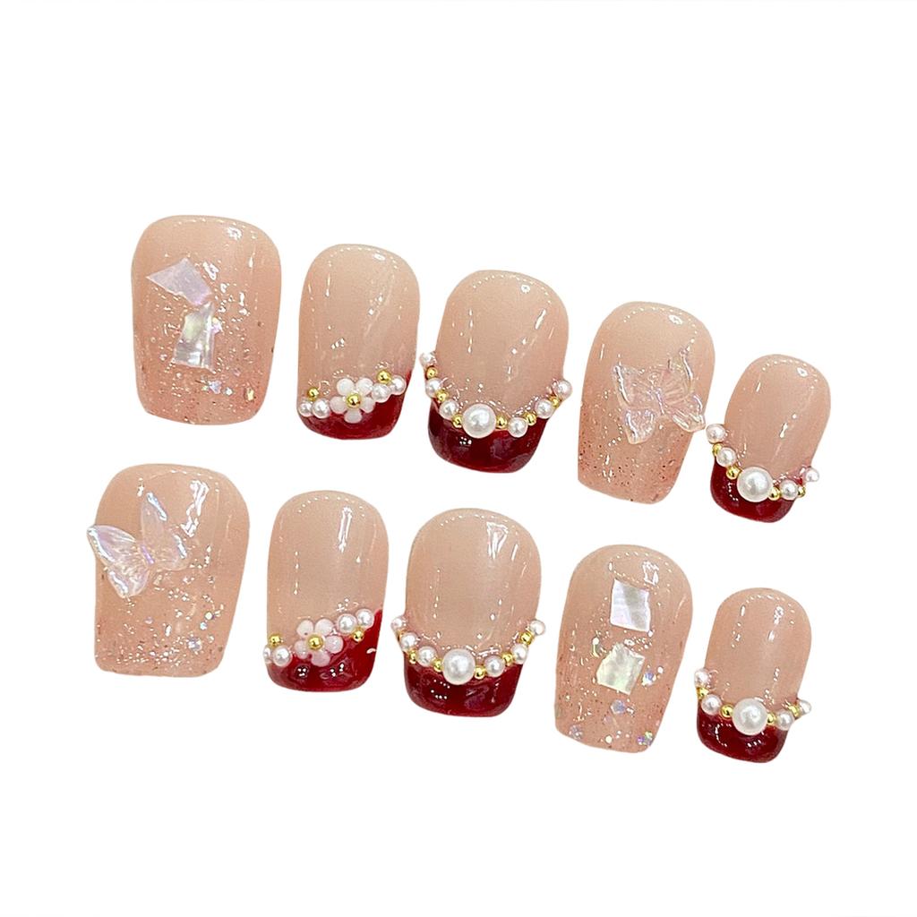 French Style Red Pearl Fake Nails 10PCS Per Bag with Elegant Design for Women