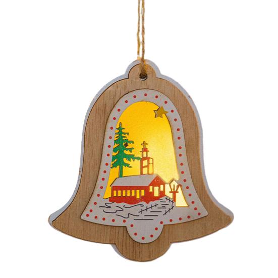 Yousheng Wooden Christmas Decor with LED Light 3D Carved Hanging Wood Star/Village House/Bell/Gift Box Ornament for Xmas Tree Decor