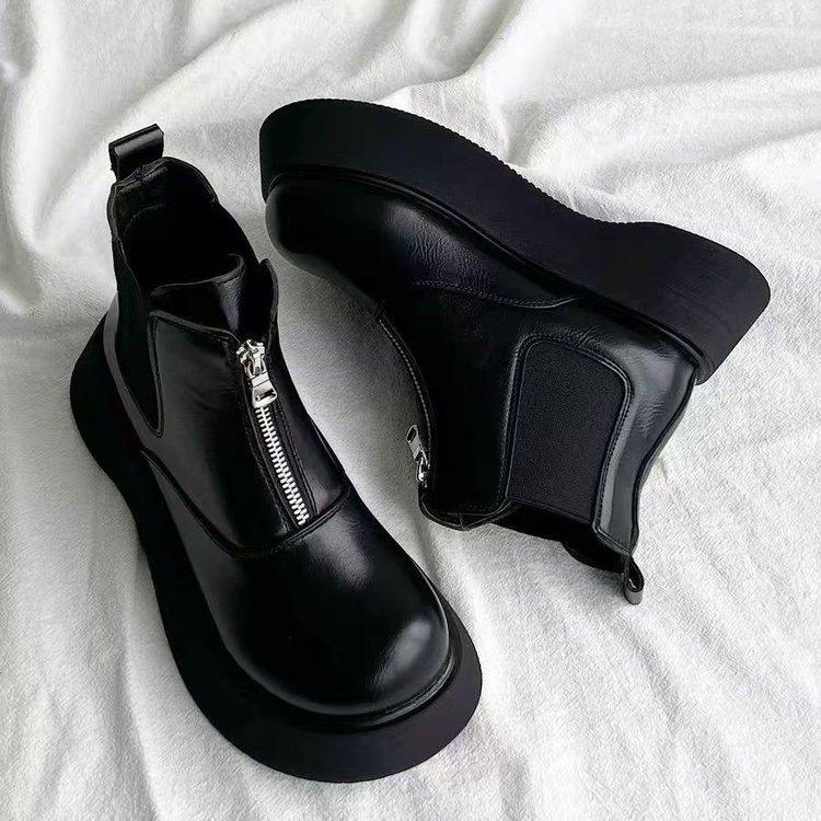 Thick-soled Martin boots winter new velvet non-slip Chelsea boots black cigarette boots front zipper cotton boots