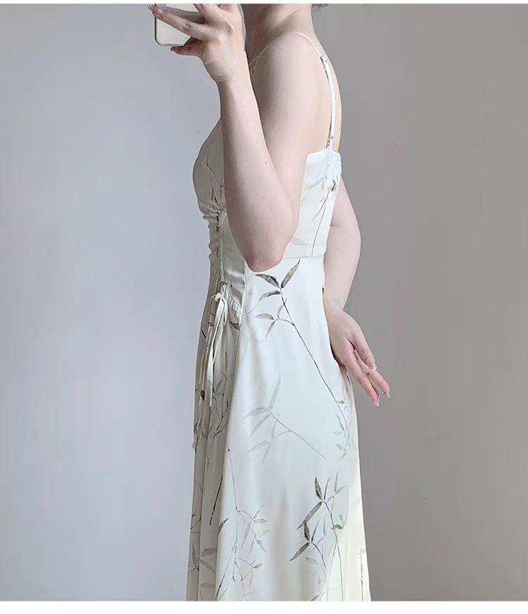 Chinese Ink Bamboo Print Spaghetti Strap Fairy Mori Girl Slimming Summer Dress