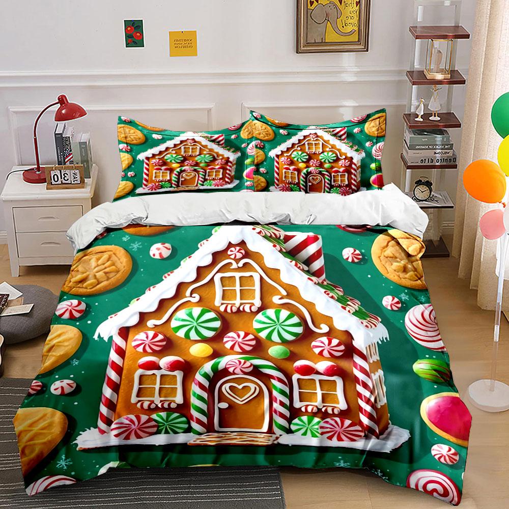 Gingerbread House with Candy Bedding Duvet Cover Set Duvet Cover Pillowcases (1*Duvet Cover 2*Pillowcases, Without Duvet Insert)