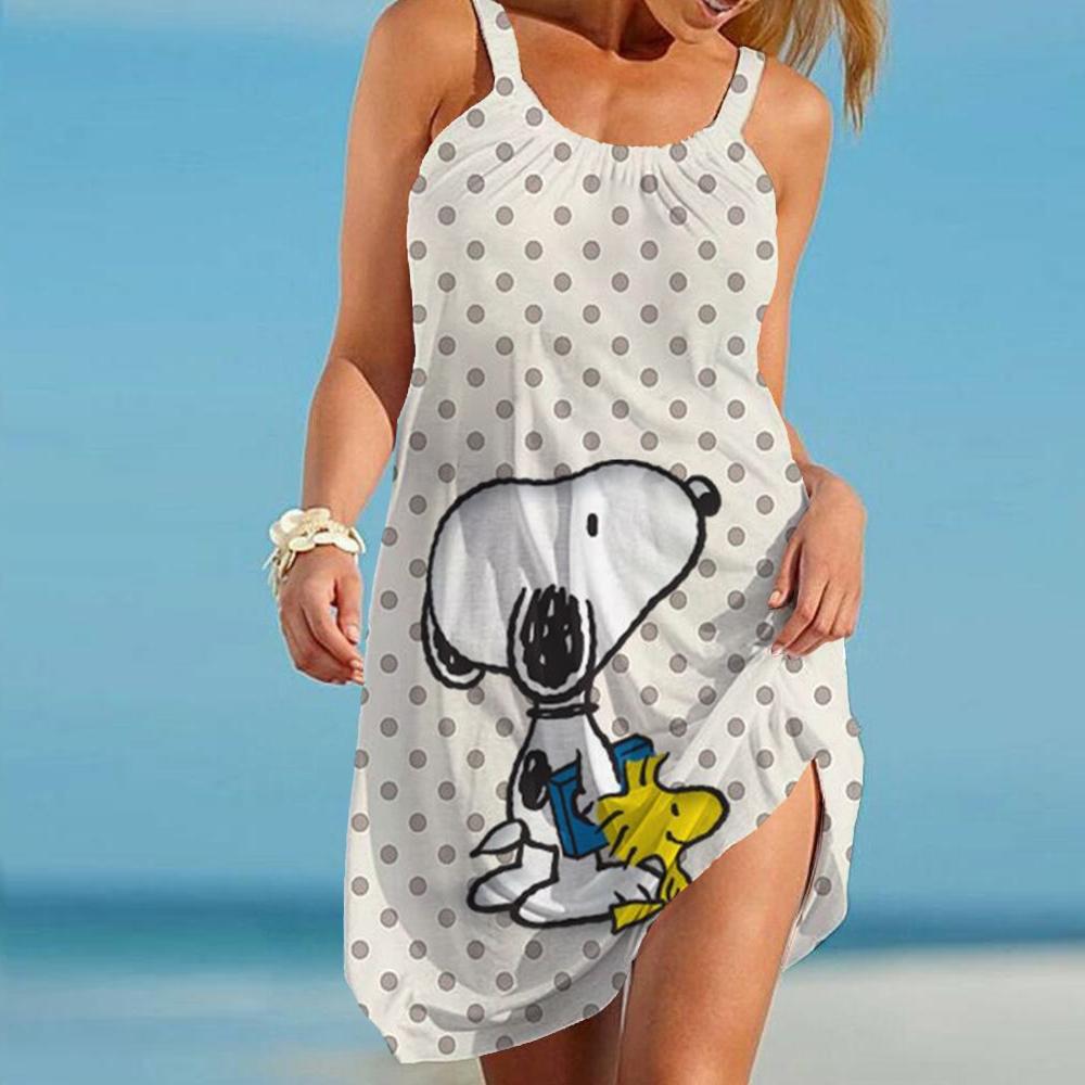 Women's Beach Dresses Kawaii Snoopy S-3XL Summer Anime Y2k Elegant Chic Dress Sling Leisure Sanrio Boho Fashion Sexy Wear