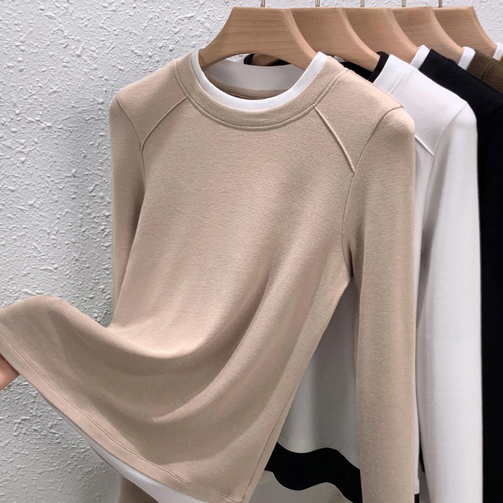 Spring and Autumn New Crew Neck Inner Bottom Shirt Women's Shoulder Slim Fake Two-piece Contrasting Splicing Top