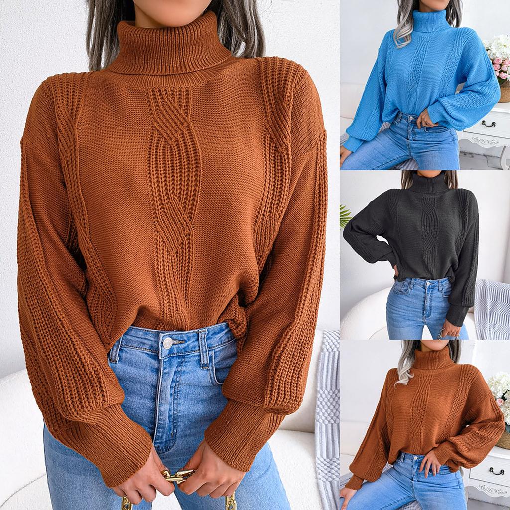 Women's Fashion High-necked, Solid-color Sweater With Floral  Sleeves Lined