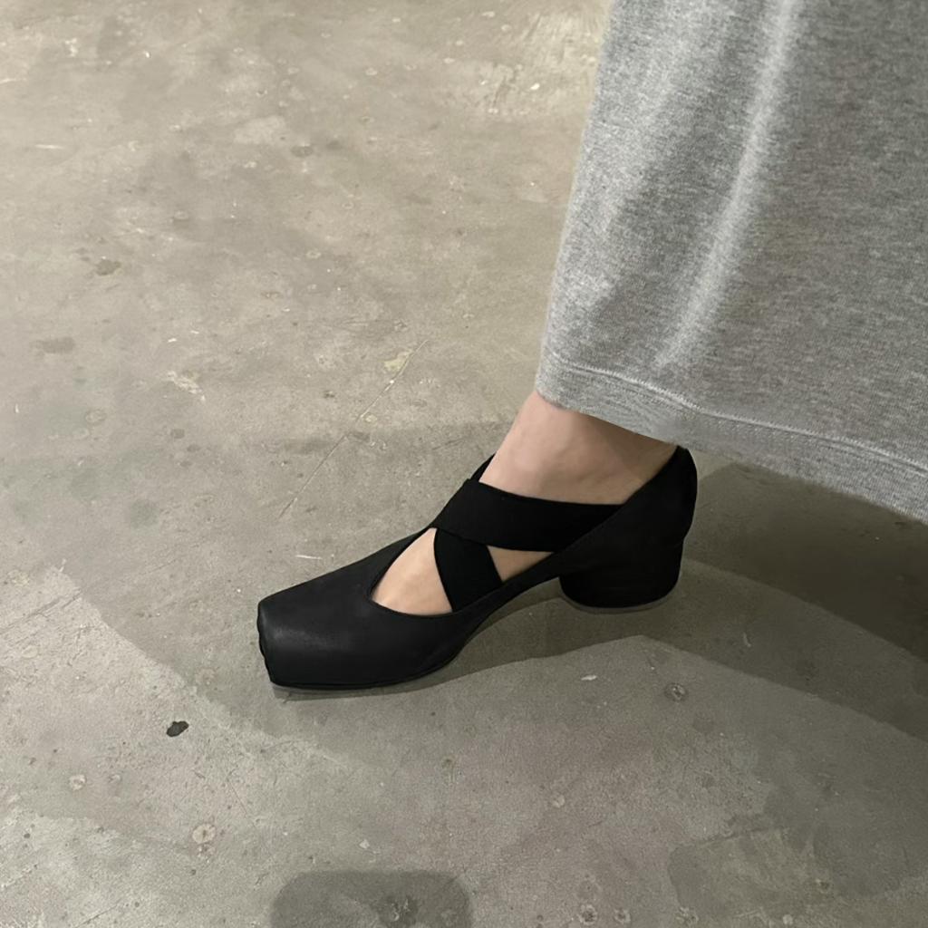 Sheepskin version~ Leather ballet shoes women's retro thick heel single shoes French square head fairy style Mary Jane high heels