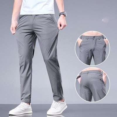 Summer Business Ice Silk Pants Straight Elastic Waist Black Gray Trousers Breathable Simple Male Clothing Casual Suit Pants