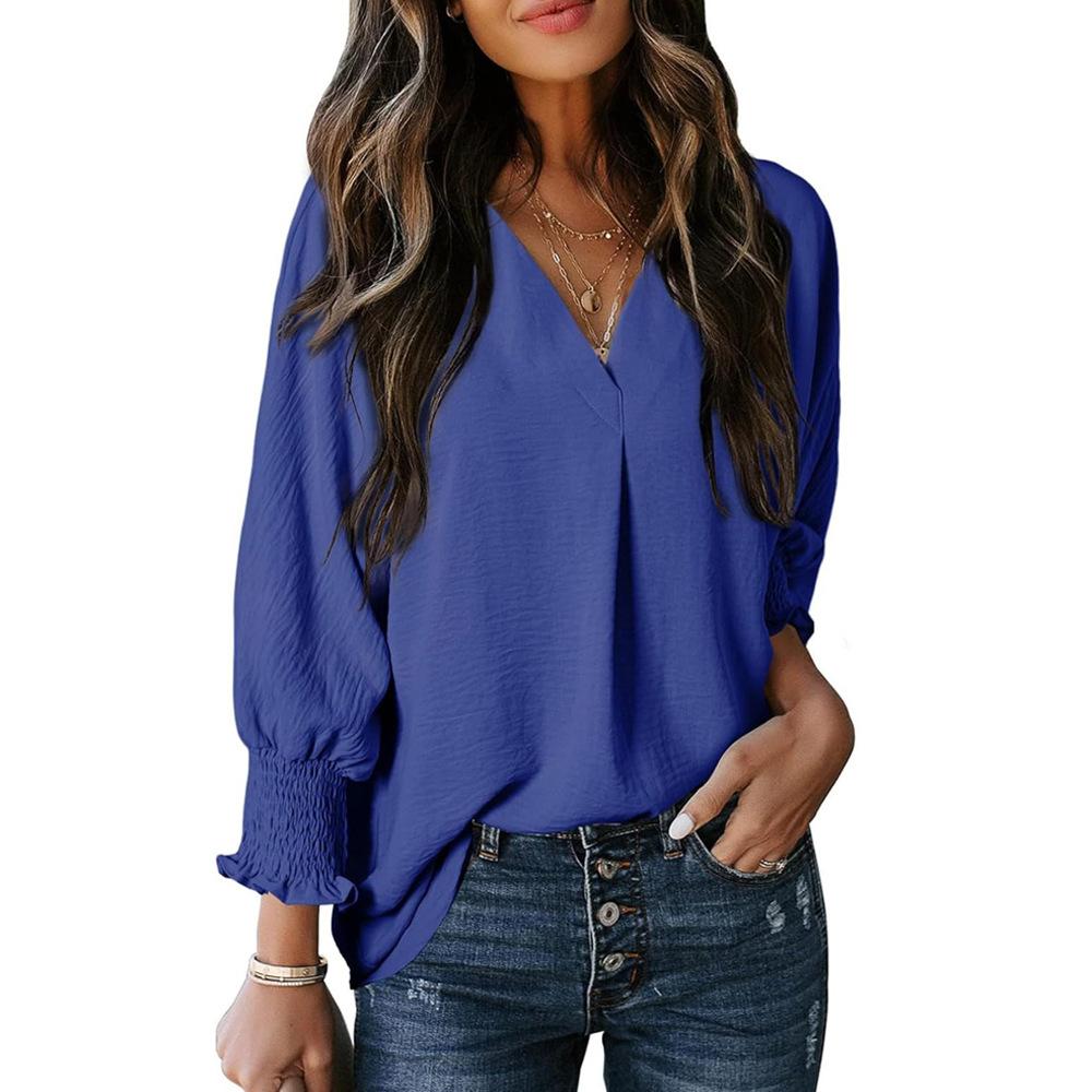 Women's Autumn and Winter V-neck Casual Long-sleeved Loose Shirt Top