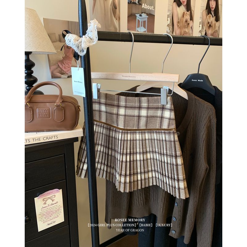 

Kumikumi Retro Contrast Color Check Skirt Pleated Skirt Women s Autumn High Waist Woolen Easiest for Match A- line Skirt Skirt Curry color check L