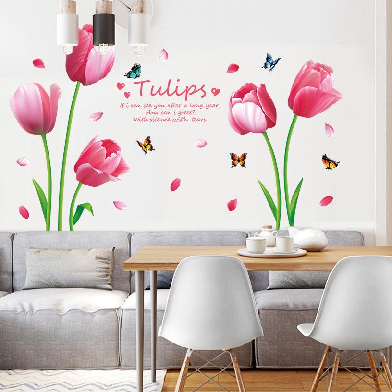 Rosa Tulpen Wandaufkleber Selbstklebende Blumendekorationen für Wohnzimmer Schlafzimmer TV-Hintergrund Flur Geschäft Heimdekoration Abnehmbare Aufkleber Wandkunst