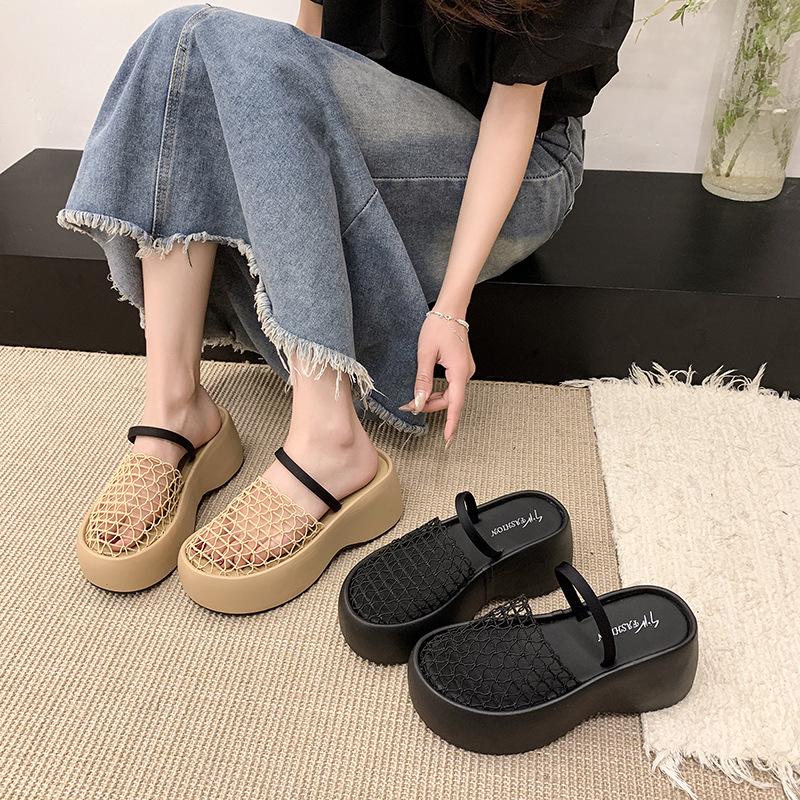 Retro Mesh Hollowed-out Bag Head Cool Slippers Women's Summer Wear Thick-soled Wedge Heels High Heels Vacation Word with Cool Slippers