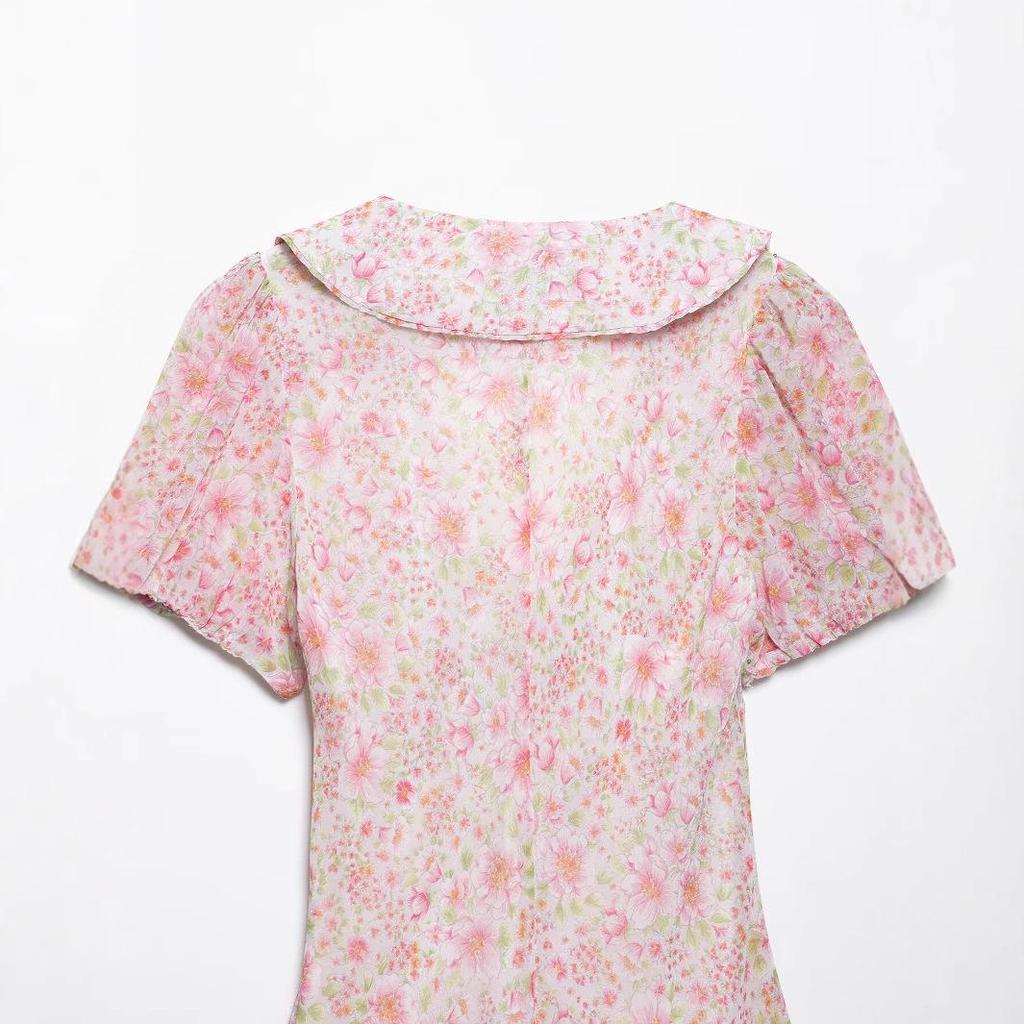 2025 Spring Women's Fashion: European & American Style Printed Short Dress with Round Turn-Down Collar