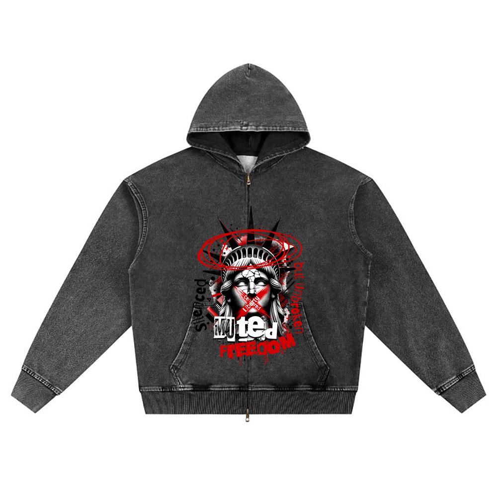 DTG print Knitted Denim Zip-Up Hoodie Muted Freedom Brother Print Zipper Hoodies  