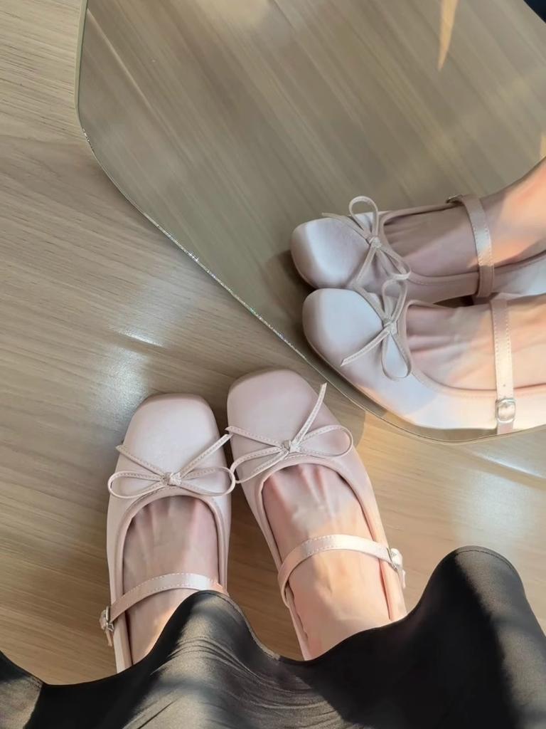 Inner Height Increase 7CM Pink Satin Bow High Heel Mary Jane Shoes Women's Thick Heel Soft Sole Versatile Ballet Single Shoes Women