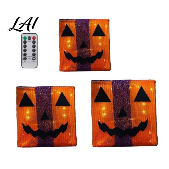 Collapsible Festival Storage Boxes 3Pcs Lighted Halloween Pumpkin Gift Boxes Spooky Face Glowing Decorative Pine Branch Accents Presents Box