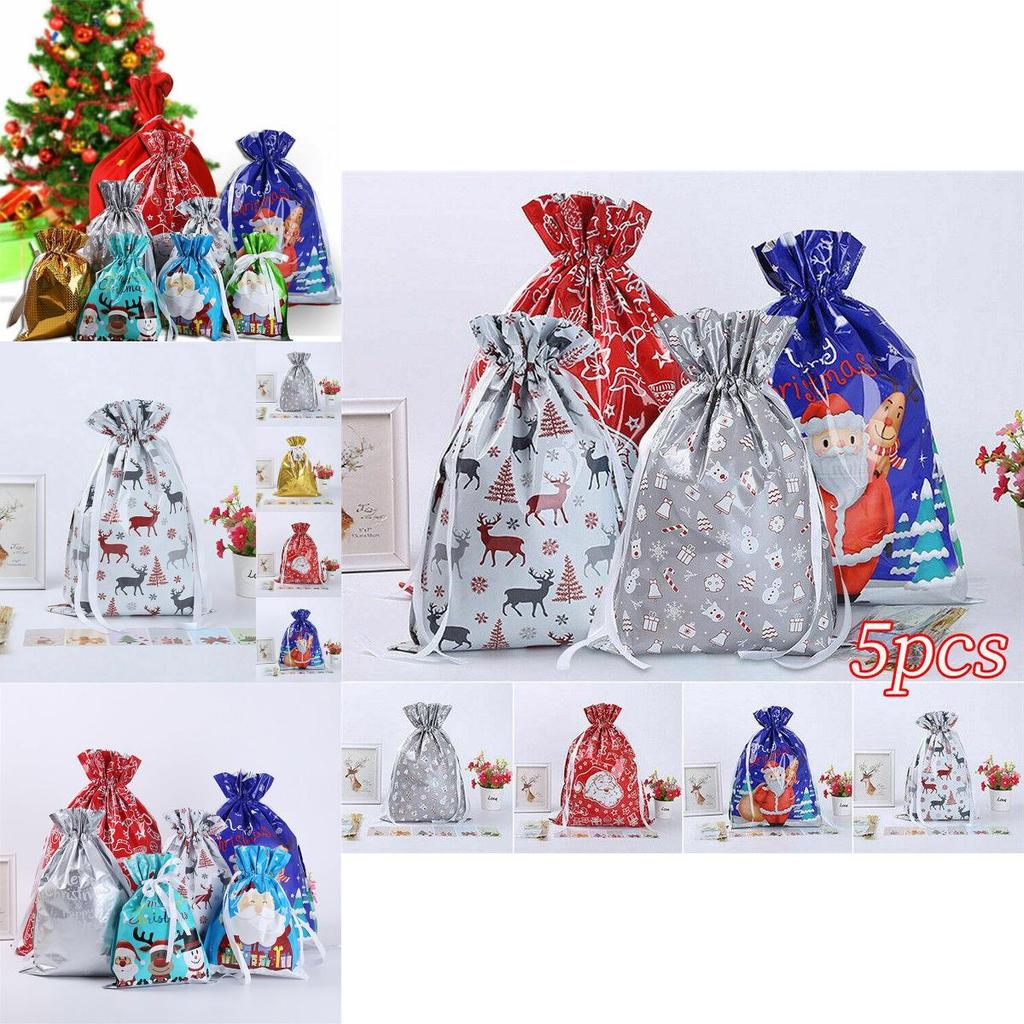 5pcs Christmas Sacks Reusable Drawstring Gift Bags With Cute Holiday Designs