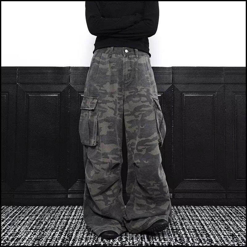 Toamnă și iarnă New American High Street Spălați blugi de culoare deschisă pentru bărbați și femei Pantaloni largi, cu picior drept, ușor evazați