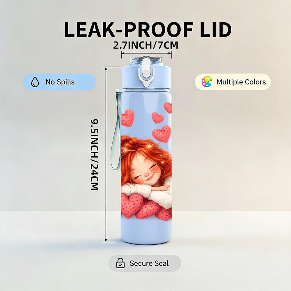 1PC Little Girl Lying With Floating Hearts Print 750ml Color Plastic Sports Water Bottle Leakproof Flip Straw Lid Suitable for Sports Office Home Use