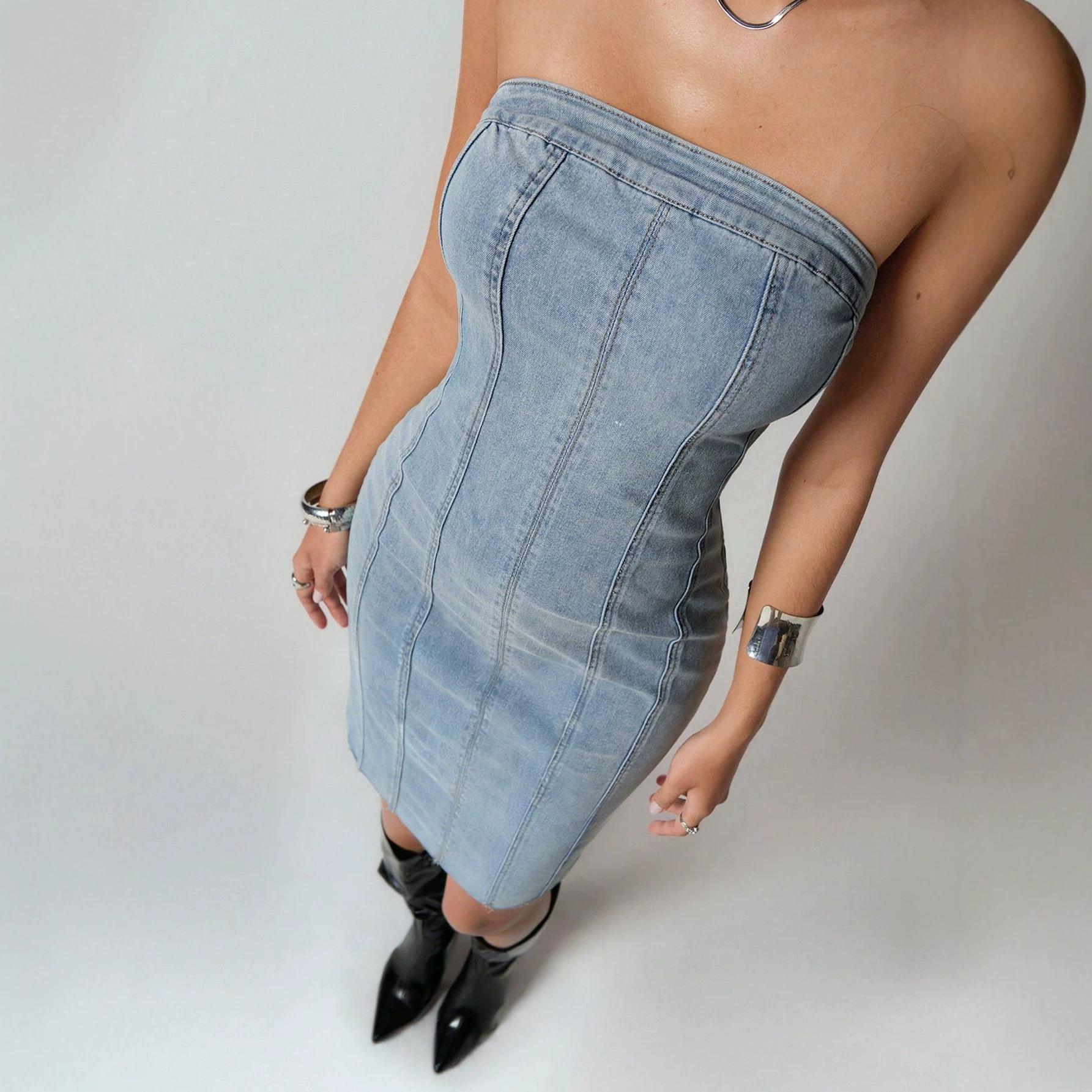 Cross-border American Spice Girl Denim Tube Top Dress Women s 2026 Summer New Waist Skinny Elastic Hip Wrap Skirt S