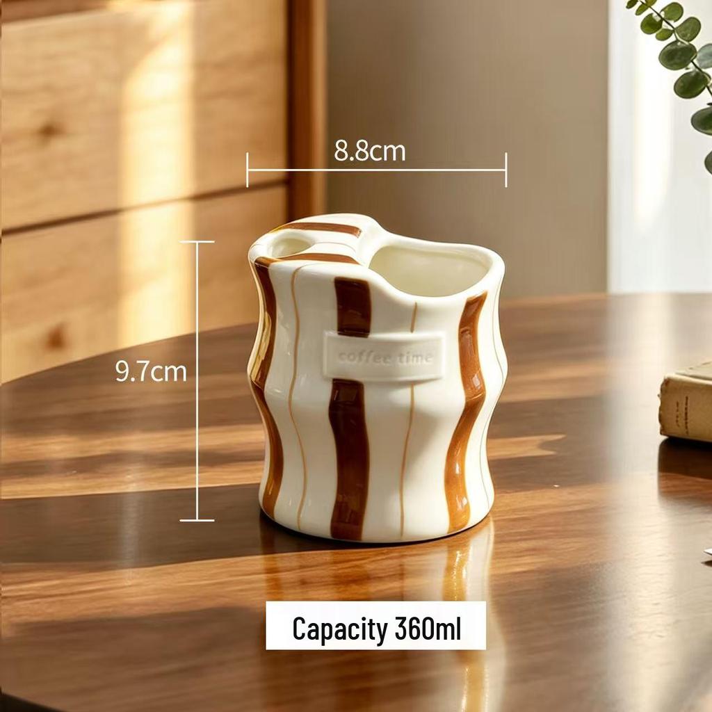 Ceramic Hand-Painted Striped Coffee Mug with Straw