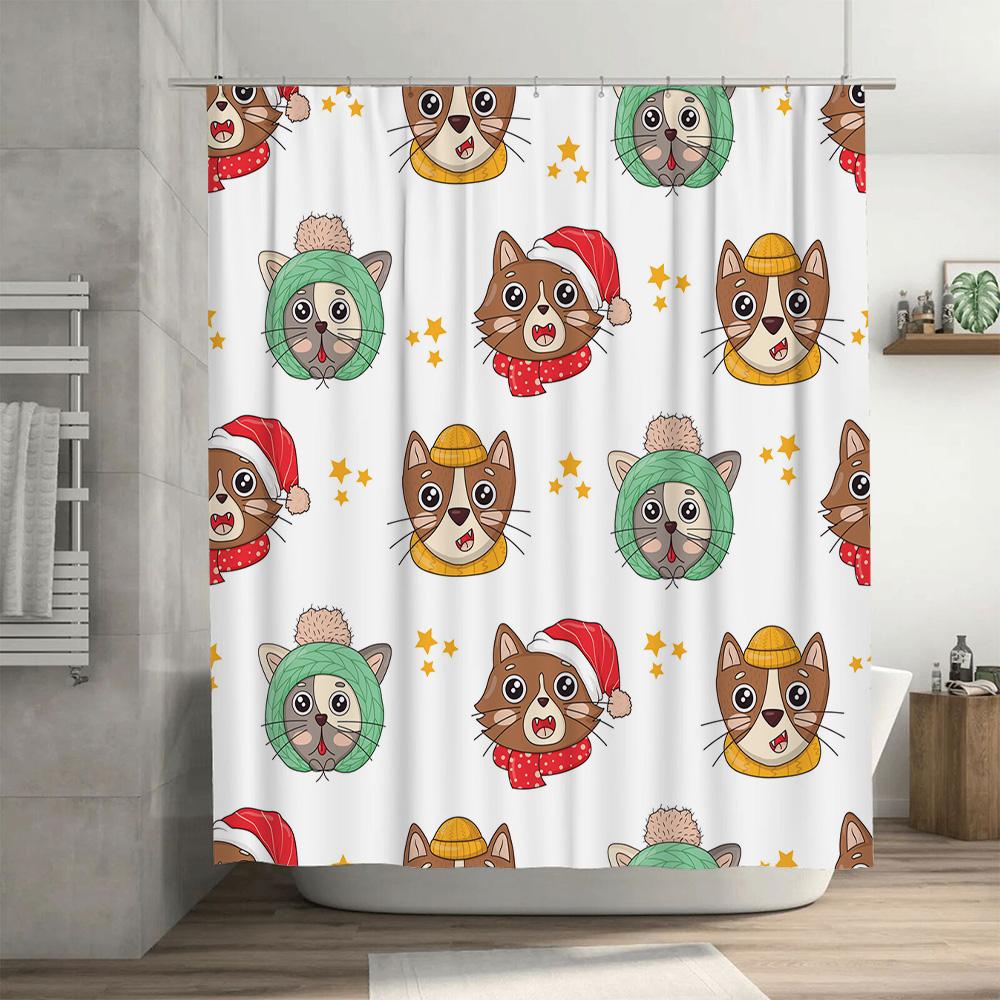 12-Piece Christmas Shower Curtain Set With Cats In Hats Bath Decor For Home Decoration Perfect Gift Idea (White) #