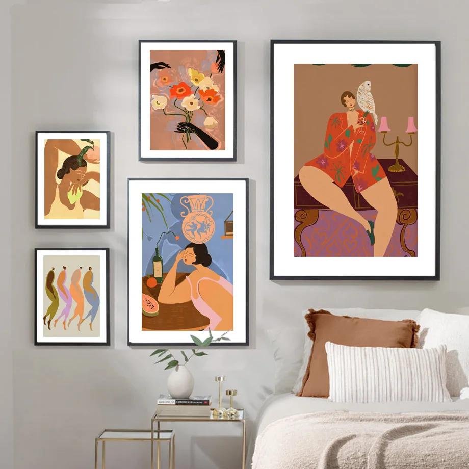 Boho Pajama Woman Dance Owl Flower Posters And Prints Canvas Art Fashion Wall Decoration Home Oil Painting For Living Room Decor
