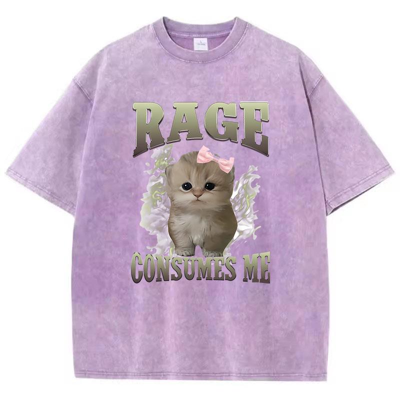 Oversize T Shirt Vintage Washed Cotton TShirt Rage Consumes Me Cat Graphic Tee Casual Streetwear Spring Summer Shirt
