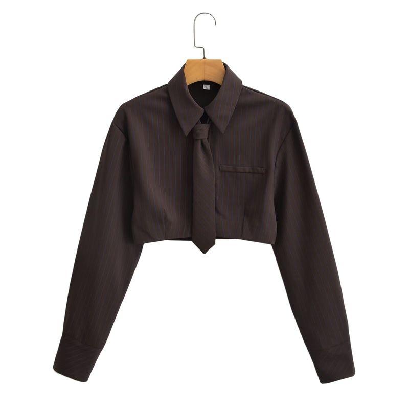 

Zar Fall Women s Clothing Stripes Shirt with Tie Brown XS