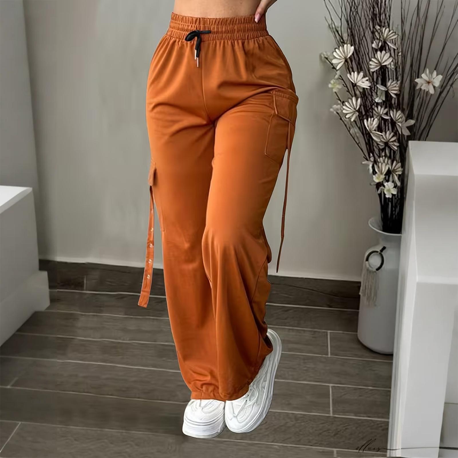 

Ladies Fashionable Color Straight Leg Pants With High Waist Pockets Casual Pants L шафрановий