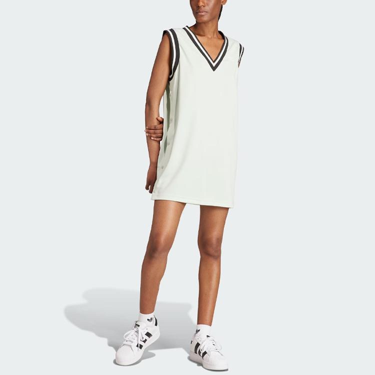 Adidas Originals Neutral Court Adibreak Dress Striped Color Block Sport V-Neck Sleeveless Dress Women Dresses Linen-Green IS5263