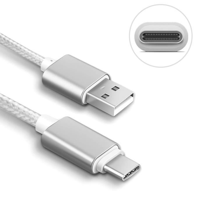 Câble USB Type C - Non spécifié - 1M - Nylon Argenté - Compatible avec plusieurs smartphones