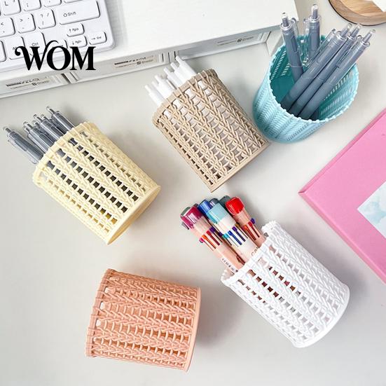 Large Capacity Pen Holder Imitation Rattan Holder, Round Hollow Desk Organizer, Pencil Lightweight Storage Cup for Pens Pencils Makeup Brushes, Nordic