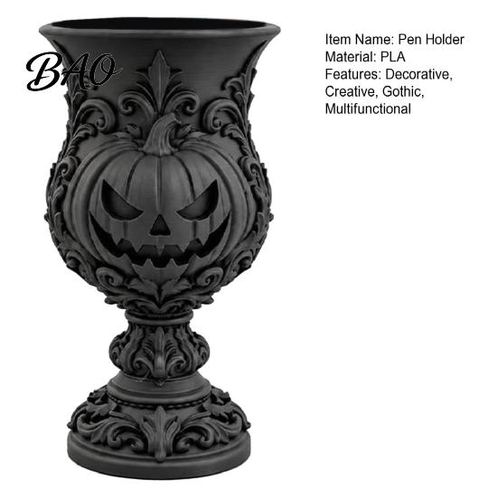 Gothic Stationery Storage 3D Printed Pumpkin Pen Holder, Retro European Style Relief Desktop Art Ornament Organizer, Goblet Shape Organizer for Makeup