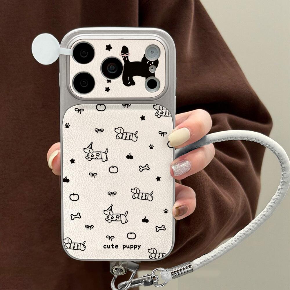 Leather Texture Luxury Phone Case For iPhone 17 Pro Max 16 13 14 15 Pro Max 12 11 Cute Cartoon Puppy Soft Silicone Lanyard Cover