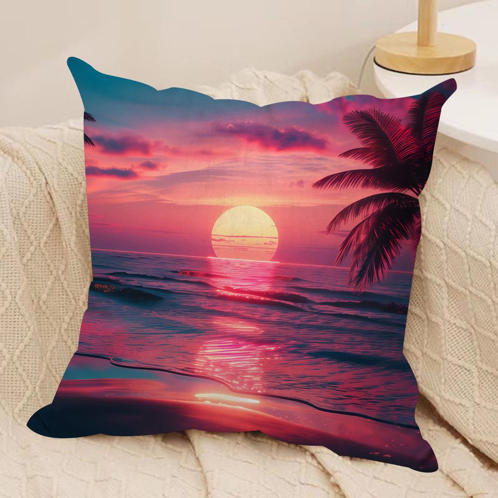 Sunset Palm Tree Fashion Cushion Cover Silky Short Plush Invisible Zipper Dustproof Sofa Pillow Case for Home Decor