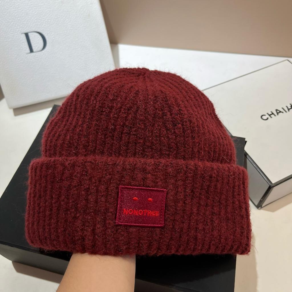 Embroidery Square Expression Wool Blend Knitted Hat Winter Warm Soft Waxy Enlarged Version Ear Protection Wool Hat Women