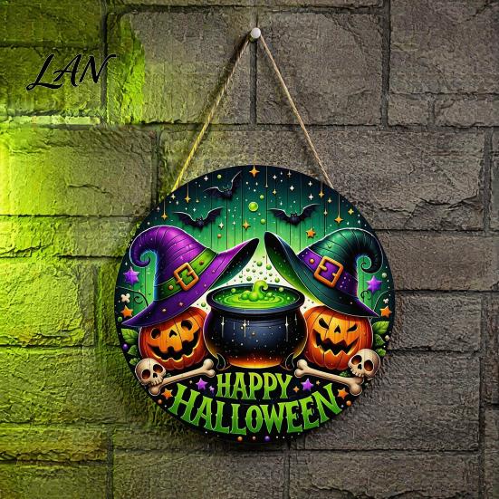 Halloween Gift for Friends Happy Front Door Hanging Sign, Retro Round Witch Hat Magic Cauldron Horror Fantasy Dark Theme Decor Wooden Welcome Pendant