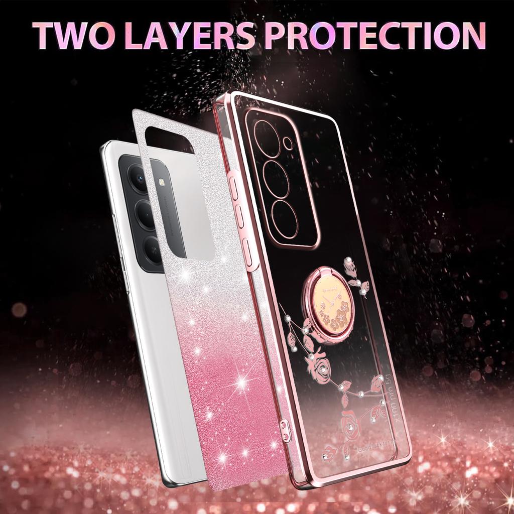 For Xiaomi Redmi 15 4G (EU) (171mm) Case Ring Kickstand TPU Flowers Phone Cover Gradient Glitter